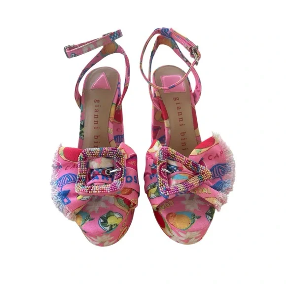 GIANNI BINI Pink Tobias Linen Mismatched Buckle Platform Sandals Heels 7.5 NEW - Picture 3 of 11